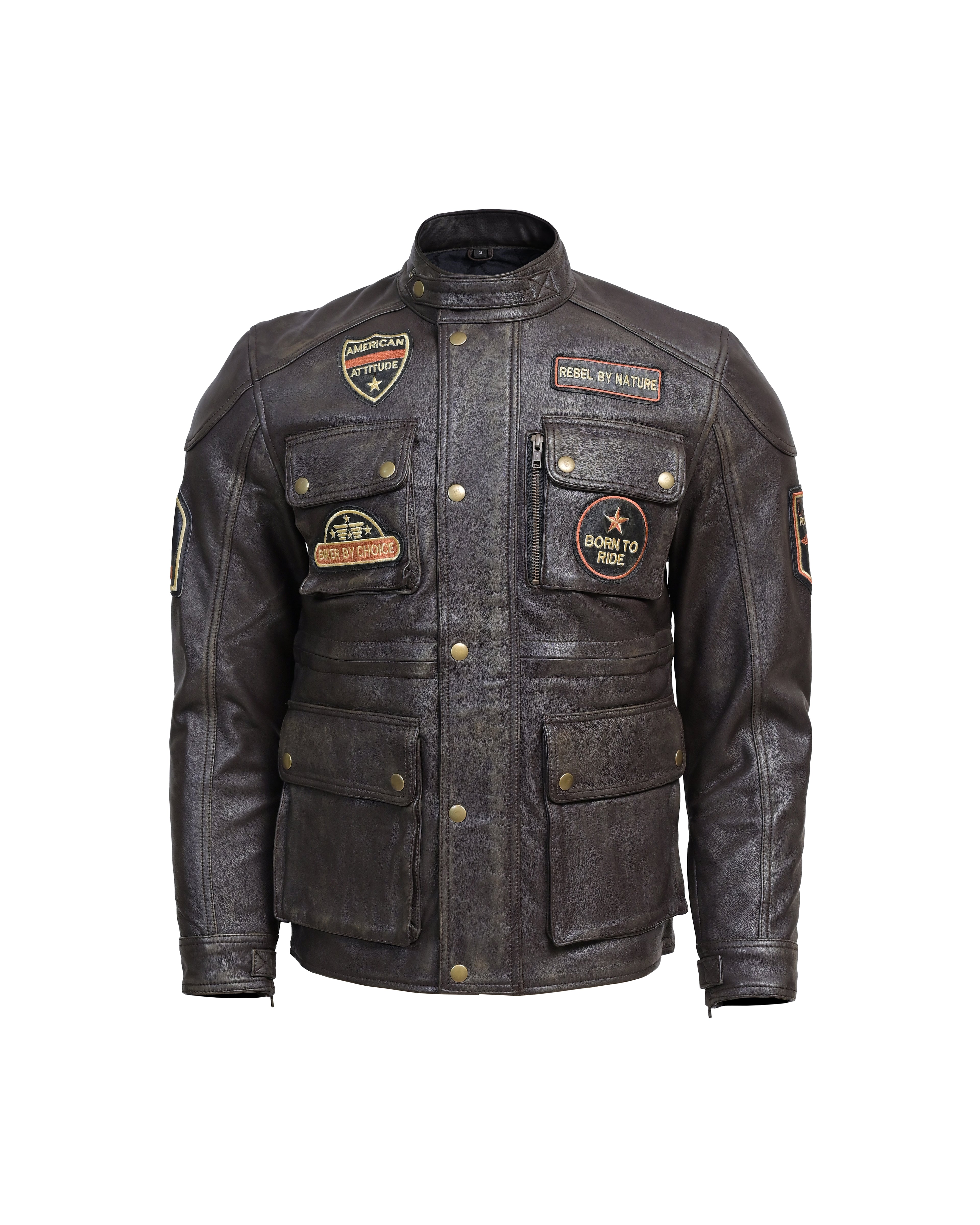 Men’s Vintage Brown Leather Motorcycle Jacket Rebel Biker Riding Jacket with Patches