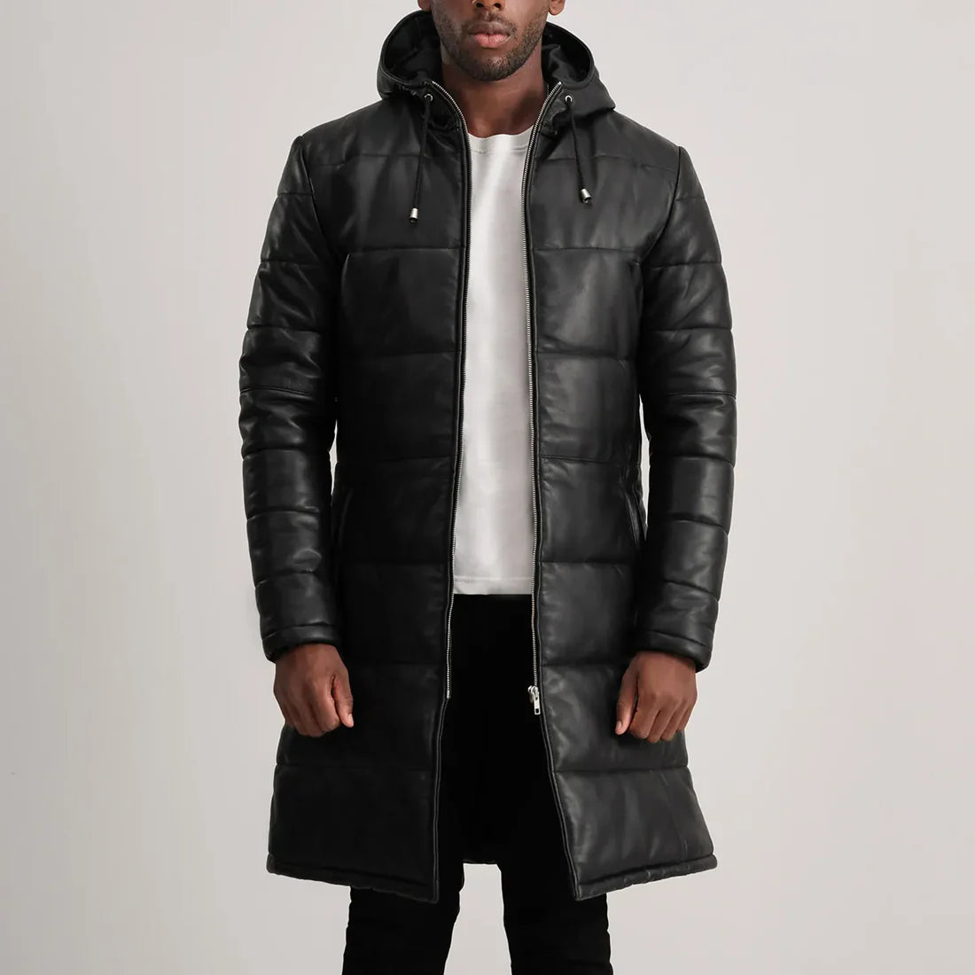 Black Leather Puffer Coat with Hood for mens