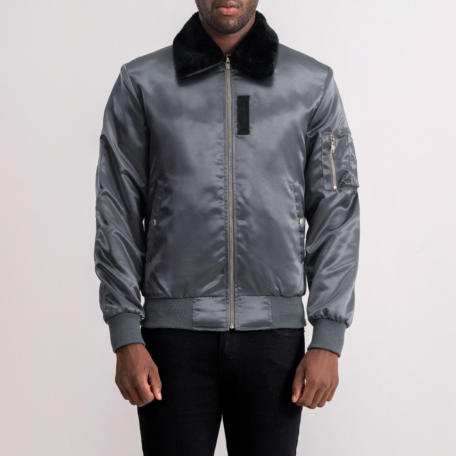 Grey Leather Bomber Jacket