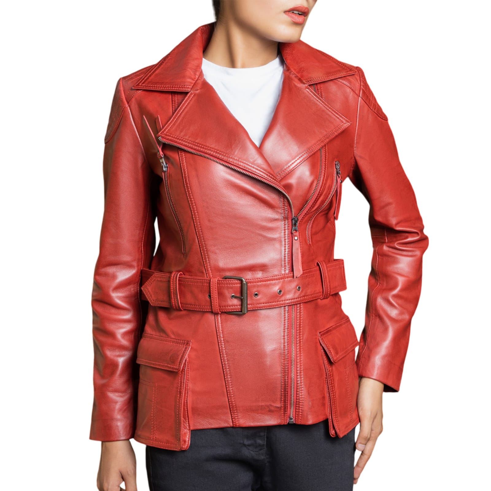 Women Red Belted Biker Leather Jacket – Stylish Moto Design