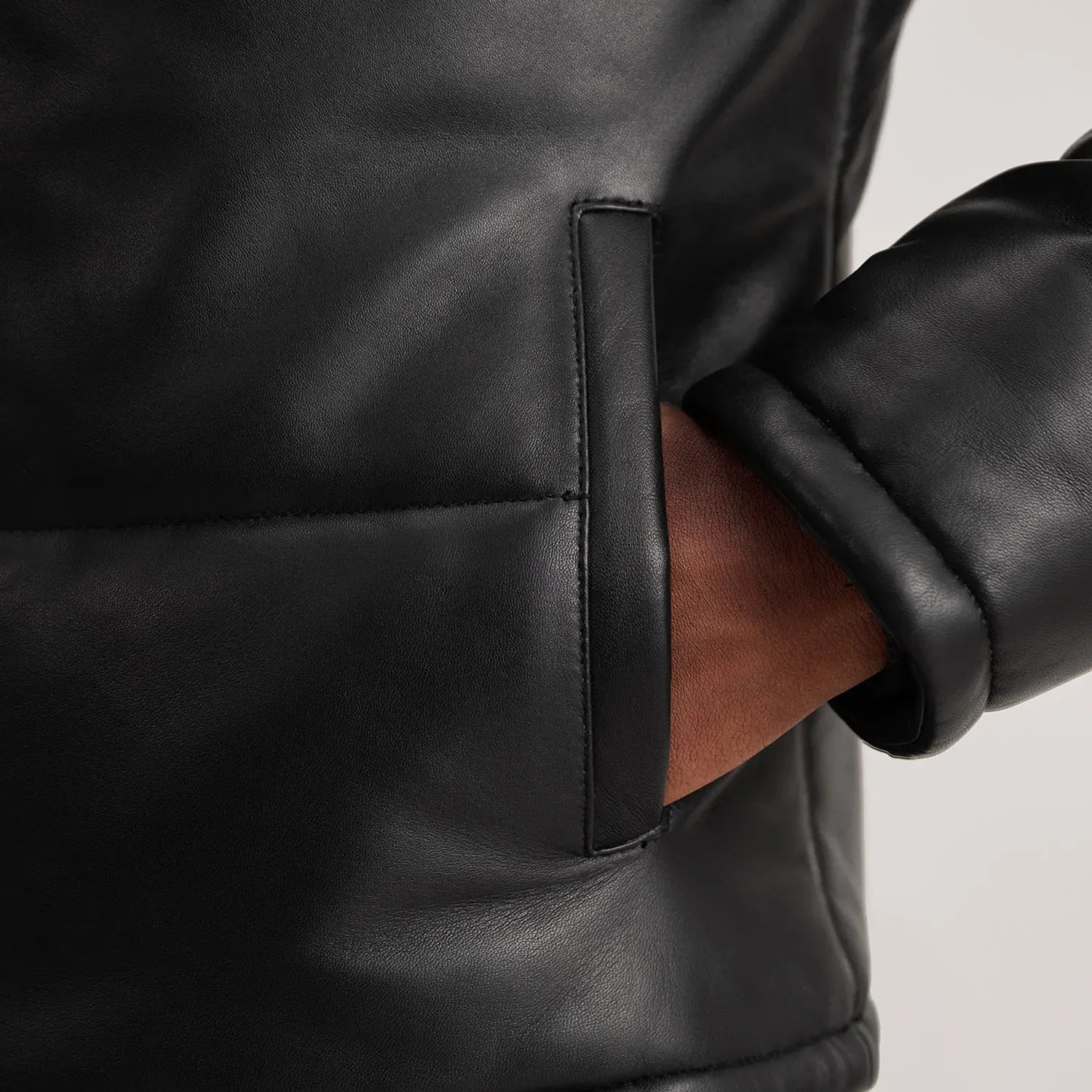 Men’s Black Sheepskin Leather Puffer Jacket with Removable Hood
