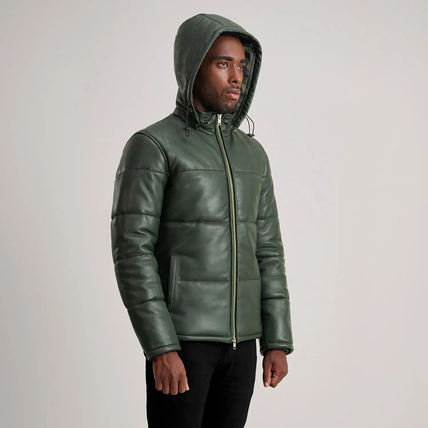 Green Leather Puffer Jacket With Removeable Hood