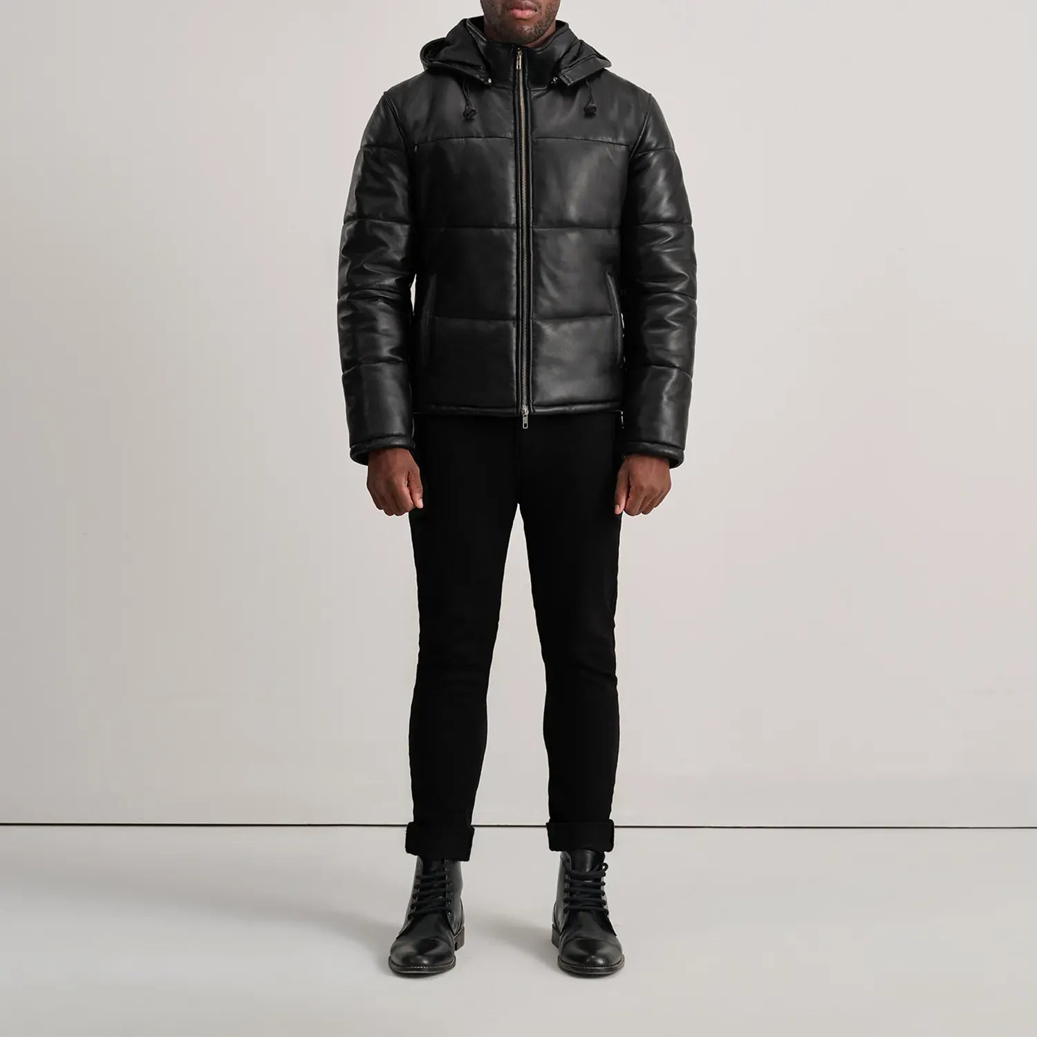 Men’s Black Sheepskin Leather Puffer Jacket with Removable Hood