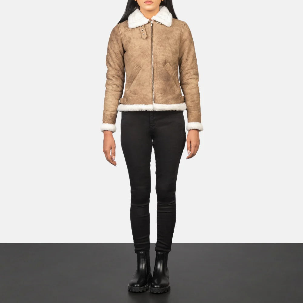 Women Distressed Brown Leather Bomber Jacket