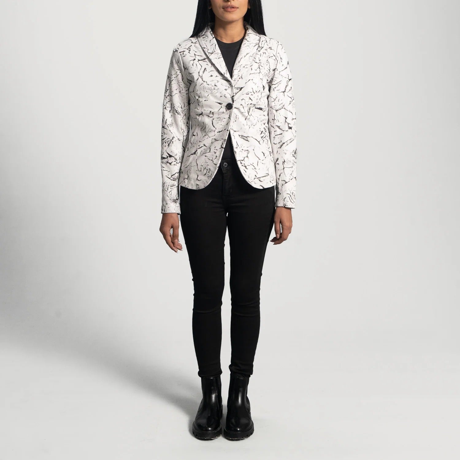 Black & White Leather Blazer For Women
