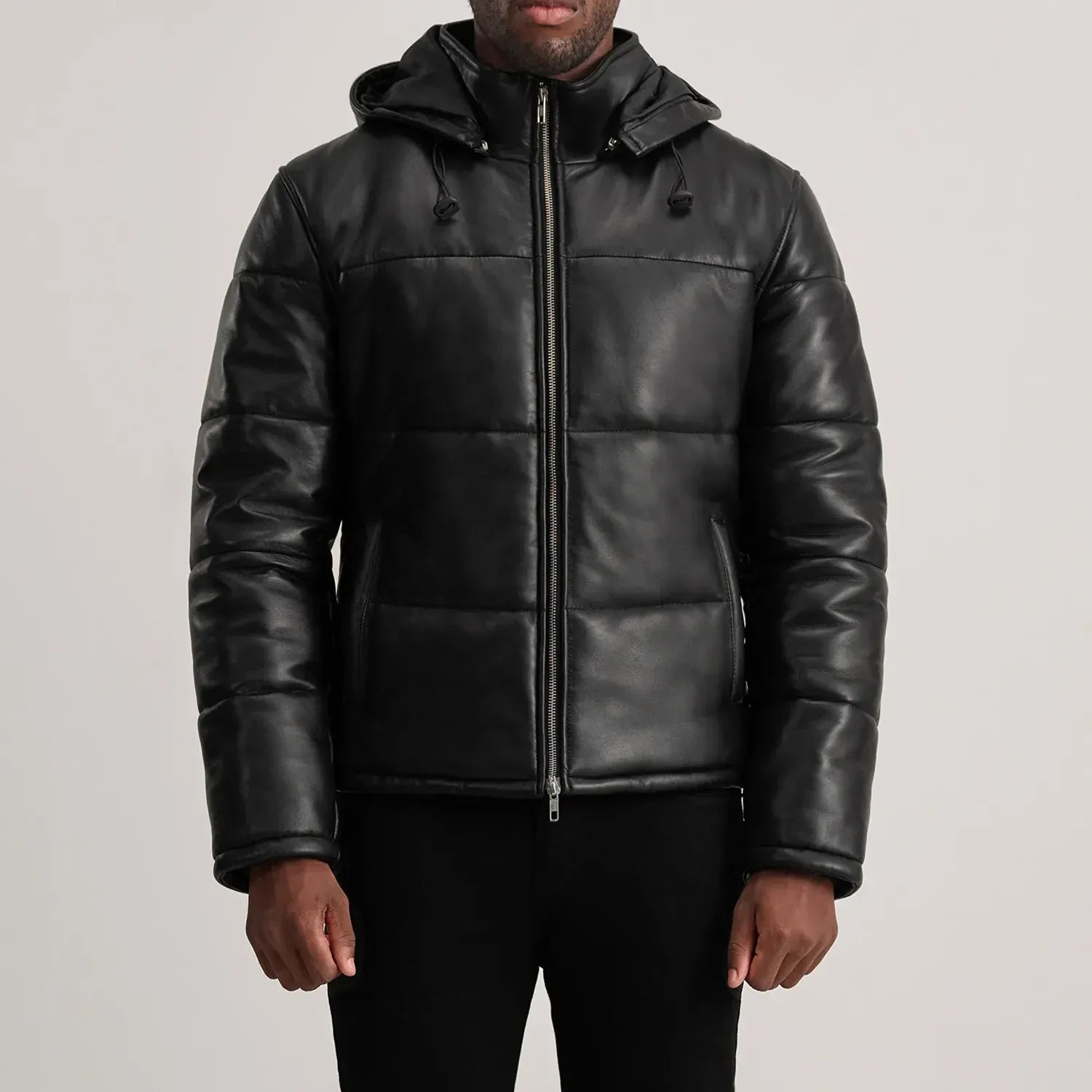 men’s black leather puffer jacket