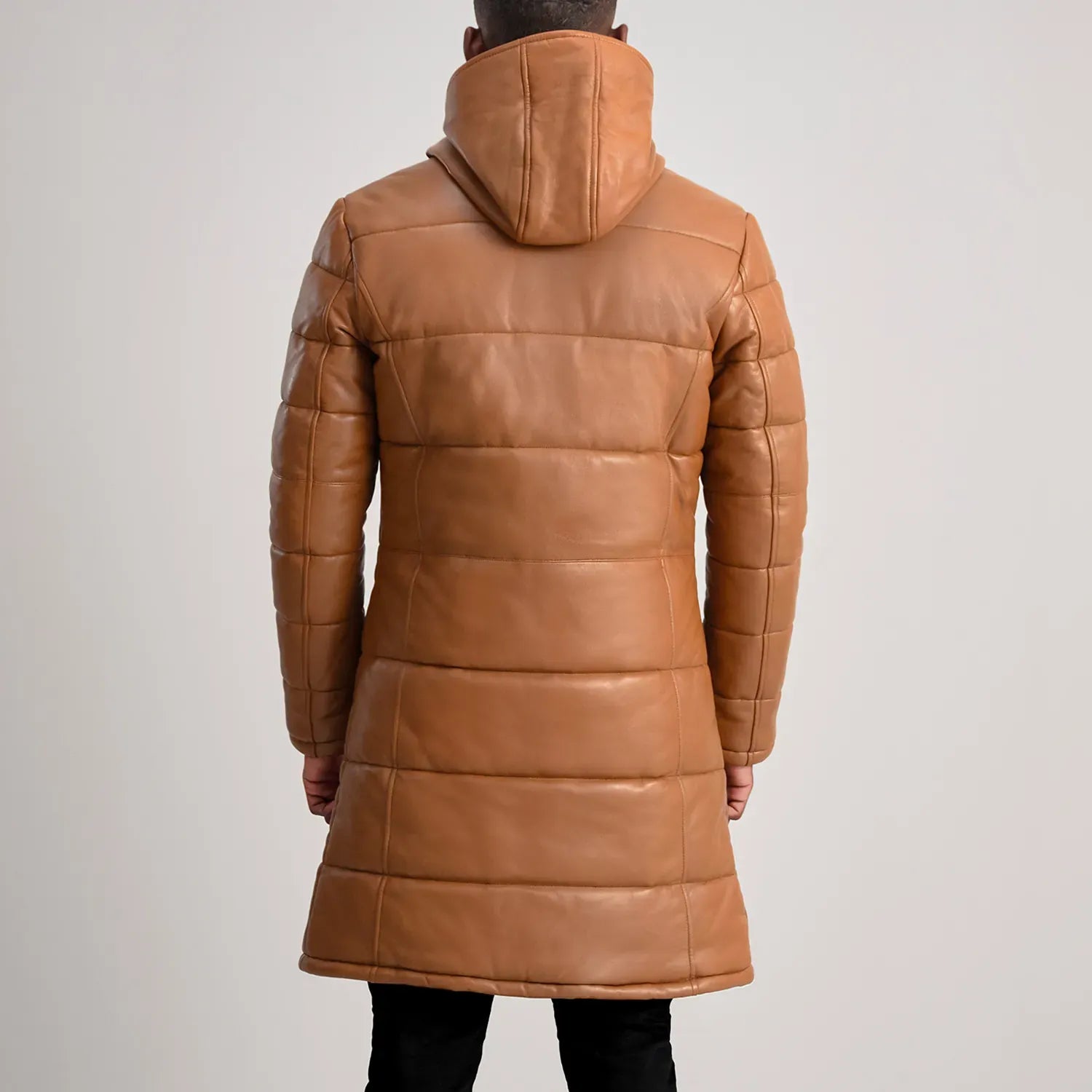 Tan Leather Puffer Coat with Hood