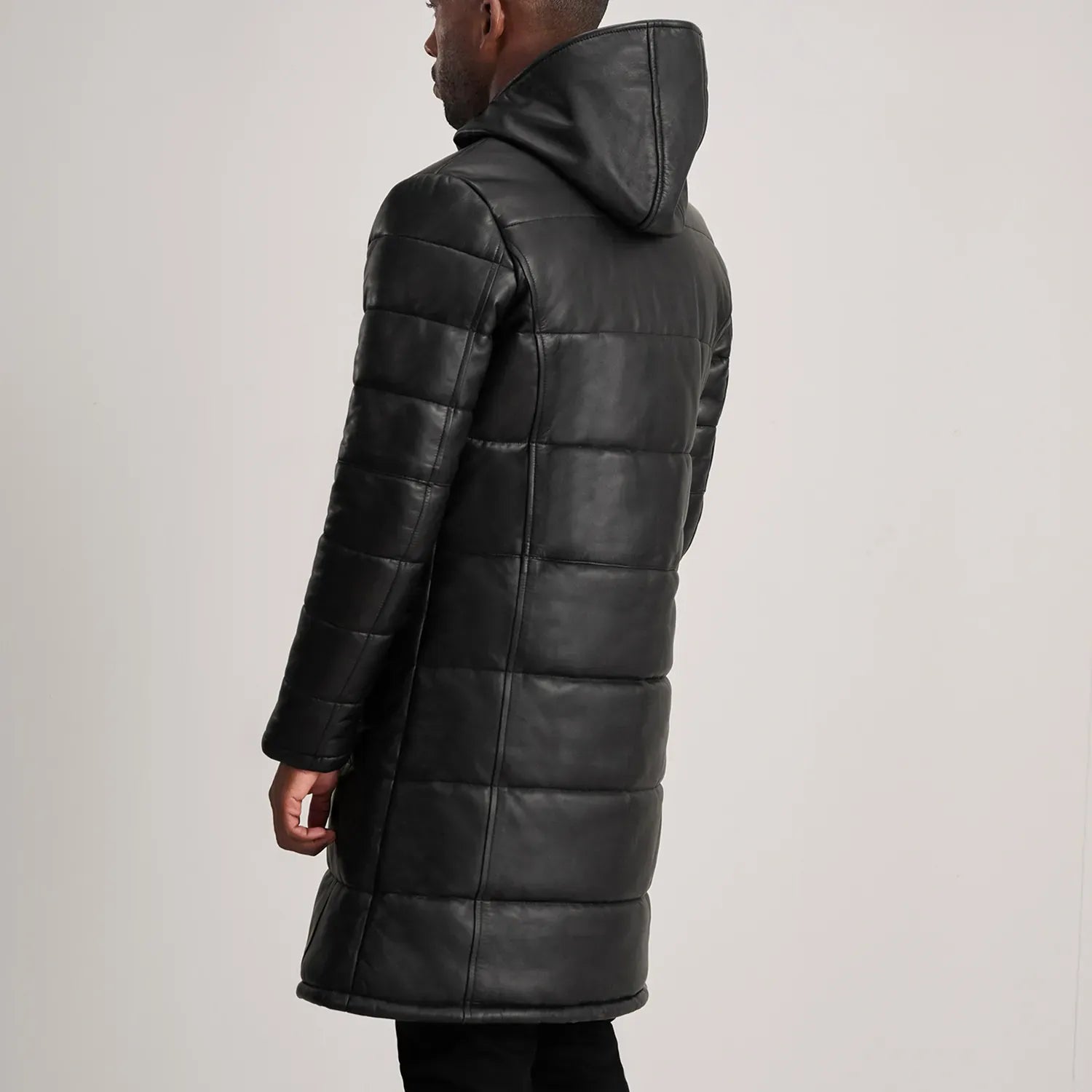Black Leather Puffer Coat with Hood - High Quality Material