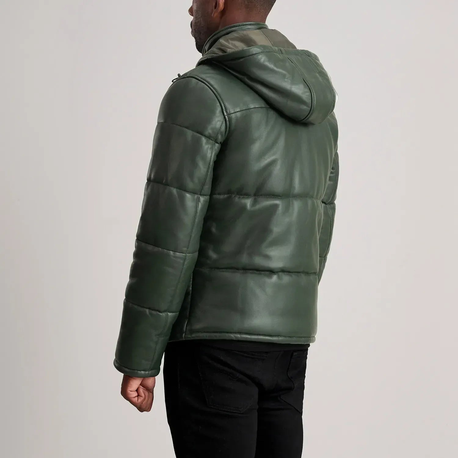 Green Leather Puffer Jacket With Removeable Hood