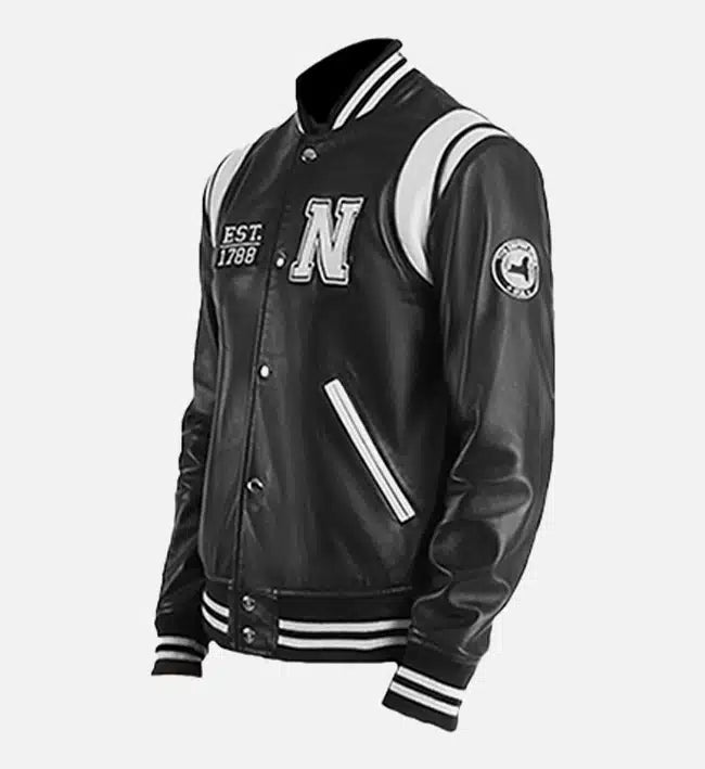 Men’s Black Genuine Leather Varsity Jacket – Classic Letterman Style