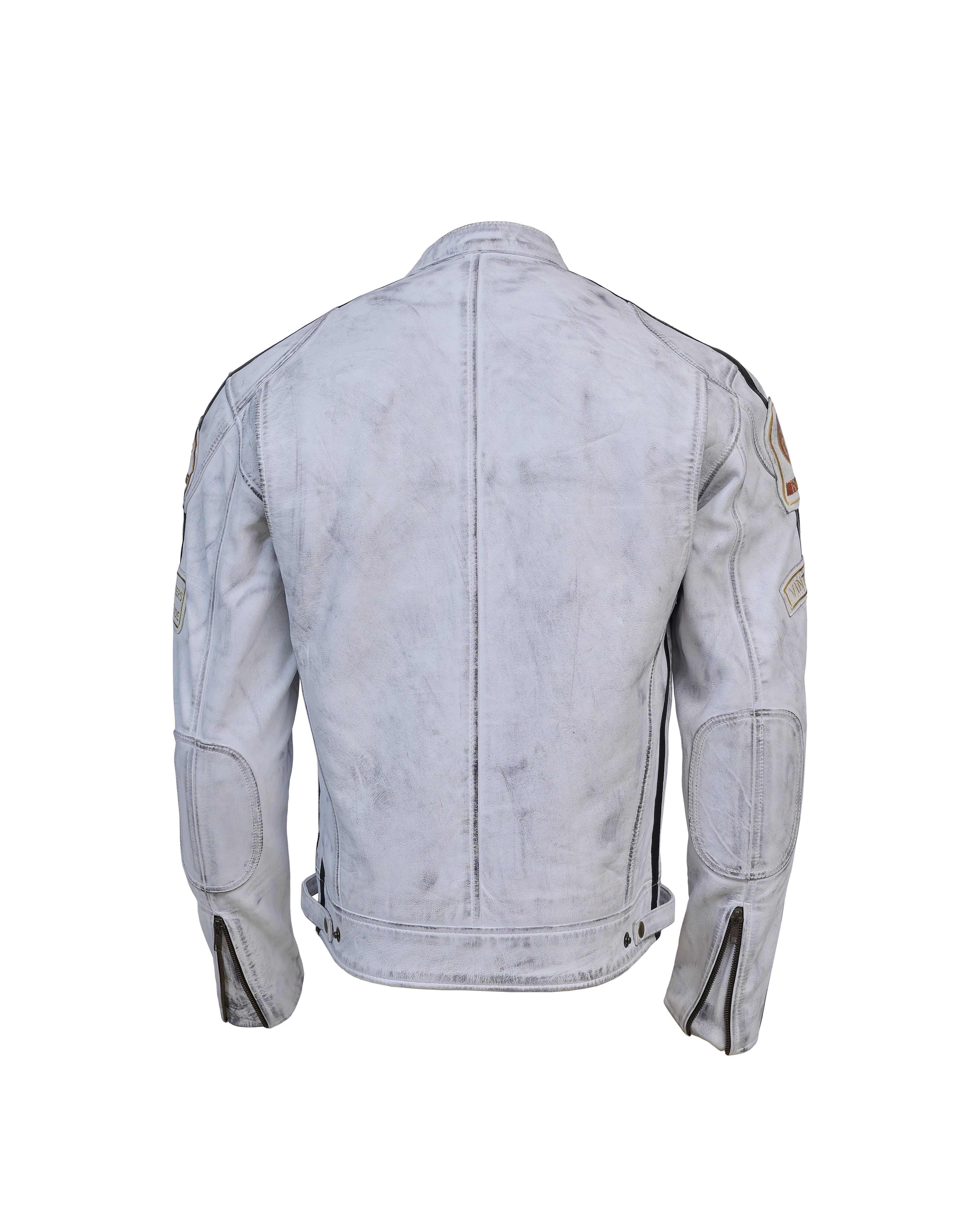 Men’s Distressed White Racing Leather Jacket – Vintage Biker Gear - Vintmint Classic