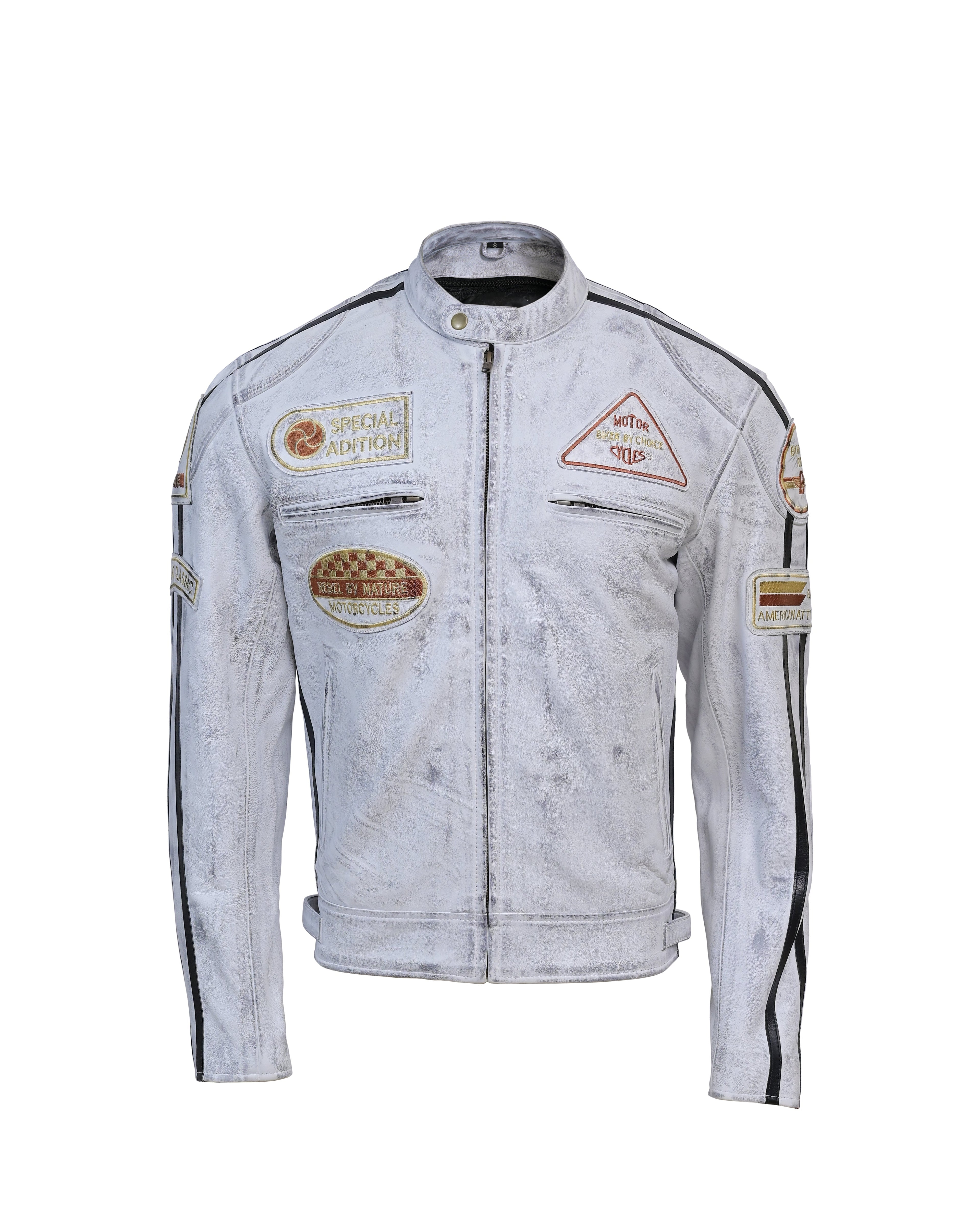 Men’s Distressed White Racing Leather Jacket – Vintage Biker Gear - Vintmint Classic