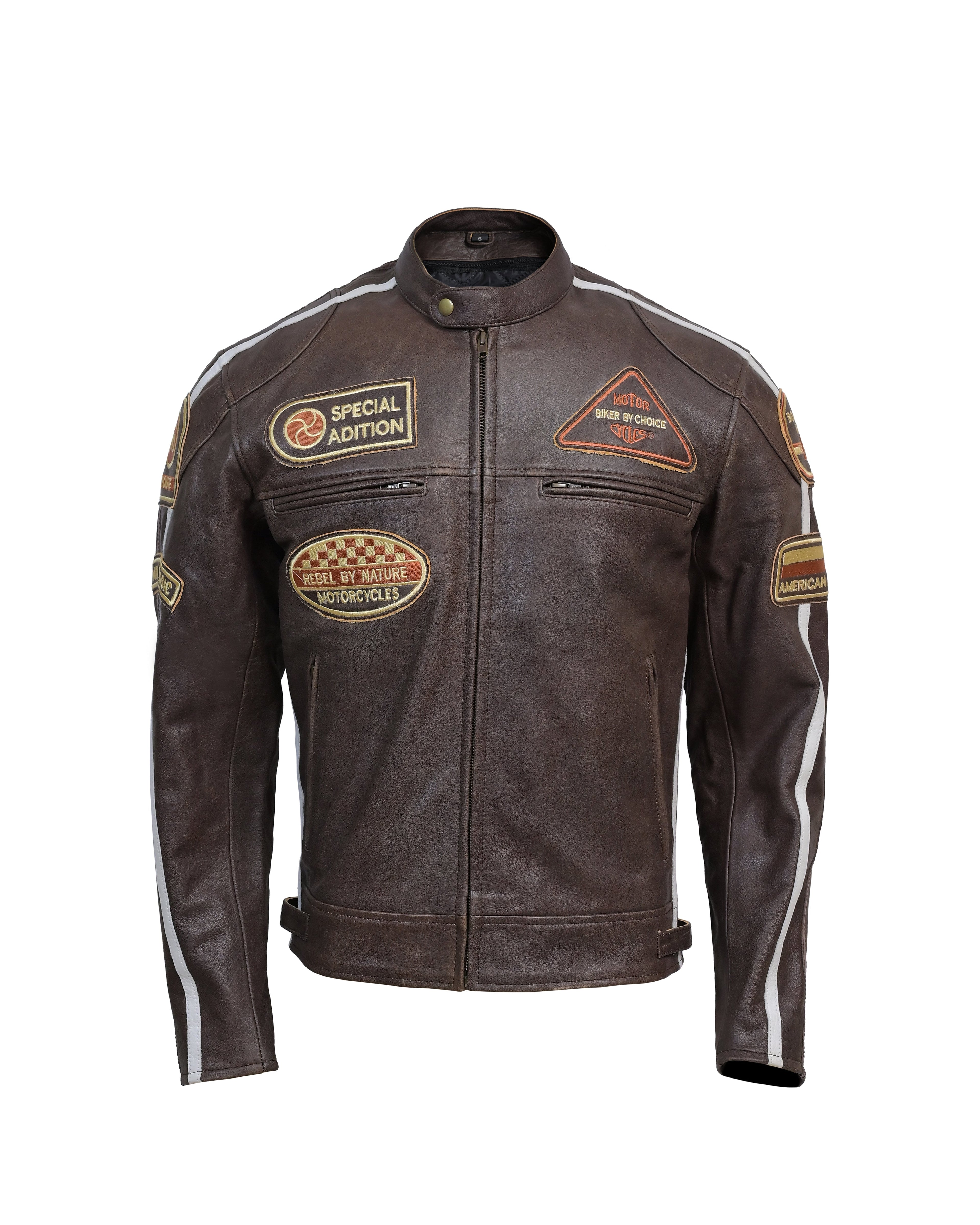 Men’s Vintage Brown Racing Leather Jacket – Striped Biker Gear - Vintmint Classic