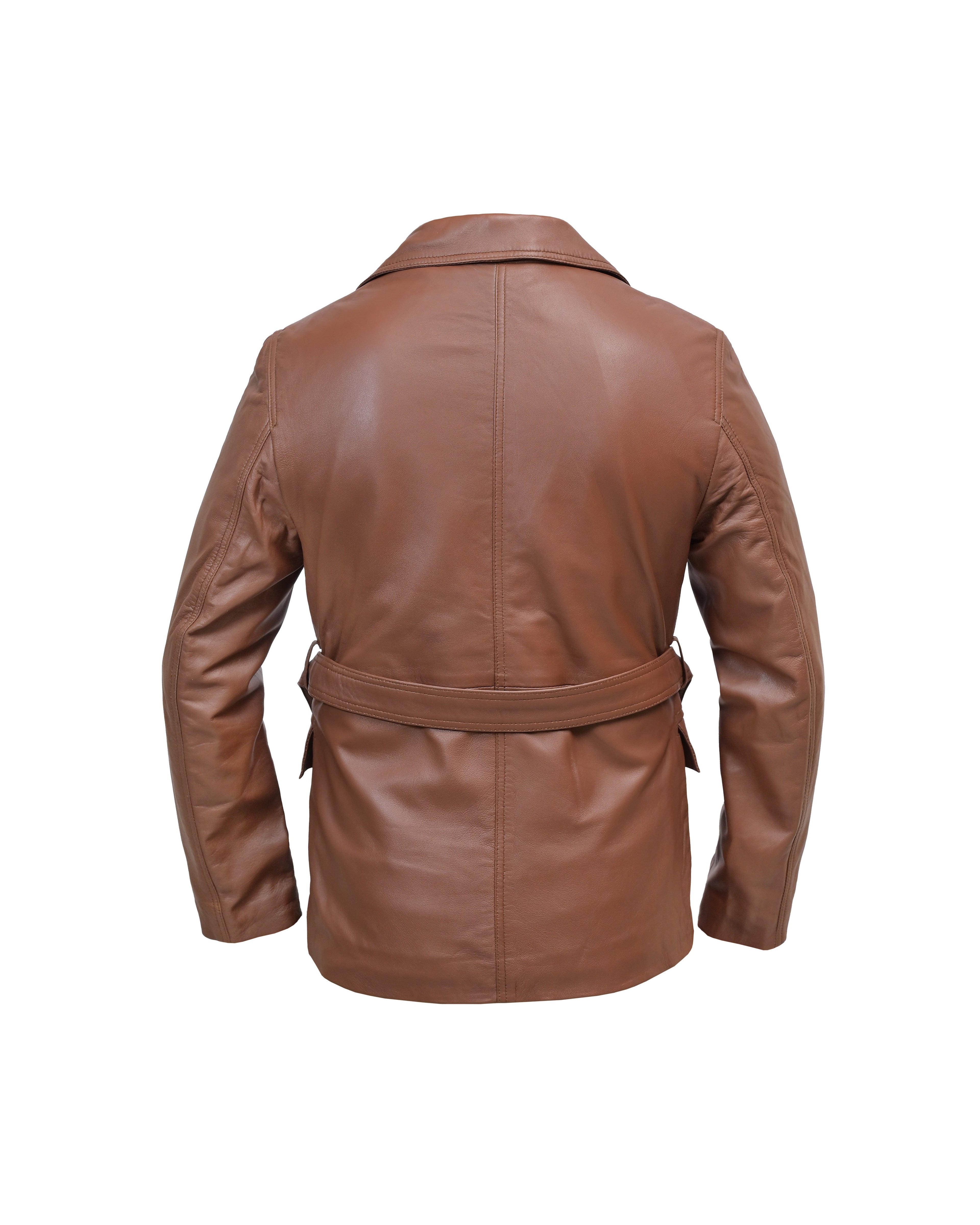 Women’s Vintage Tan Leather Belted Blazer – Premium Leather Peacoat Style - Vintmint Classic