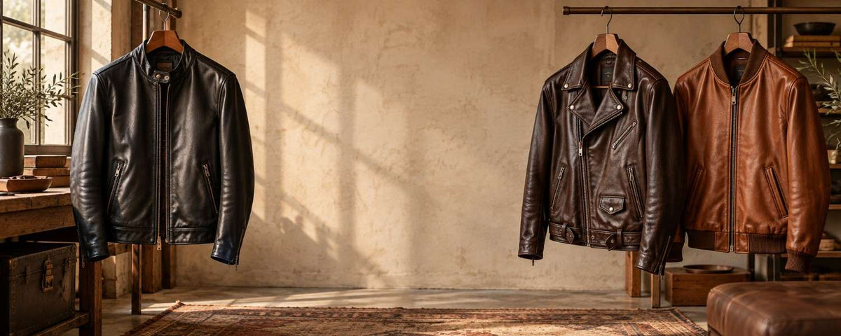 Black racer, brown biker and cognac bomber leather jackets hanging in a warmly lit room