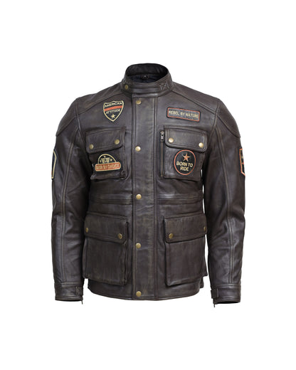 Men’s Vintage Brown Leather Motorcycle Jacket Rebel Biker Riding Jacket with Patches