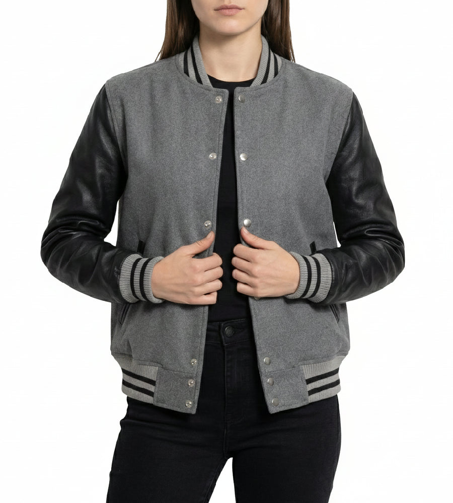 Grey Combo Varsity Leather Sleeves Jacket