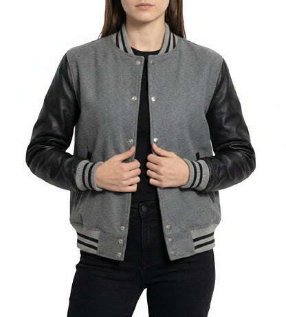 Grey Combo Varsity Leather Sleeves Jacket