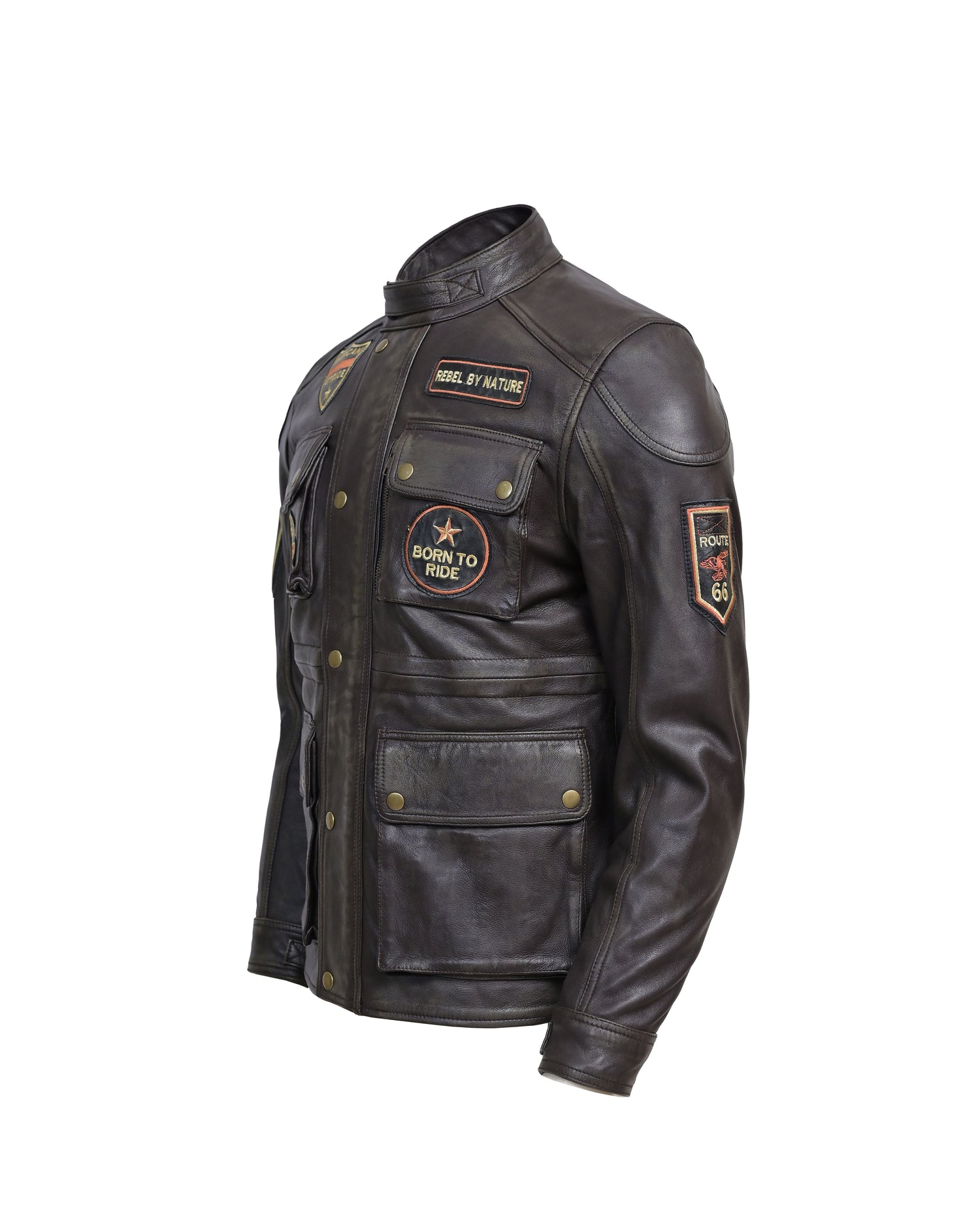 Men’s Vintage Brown Leather Motorcycle Jacket Rebel Biker Riding Jacket with Patches