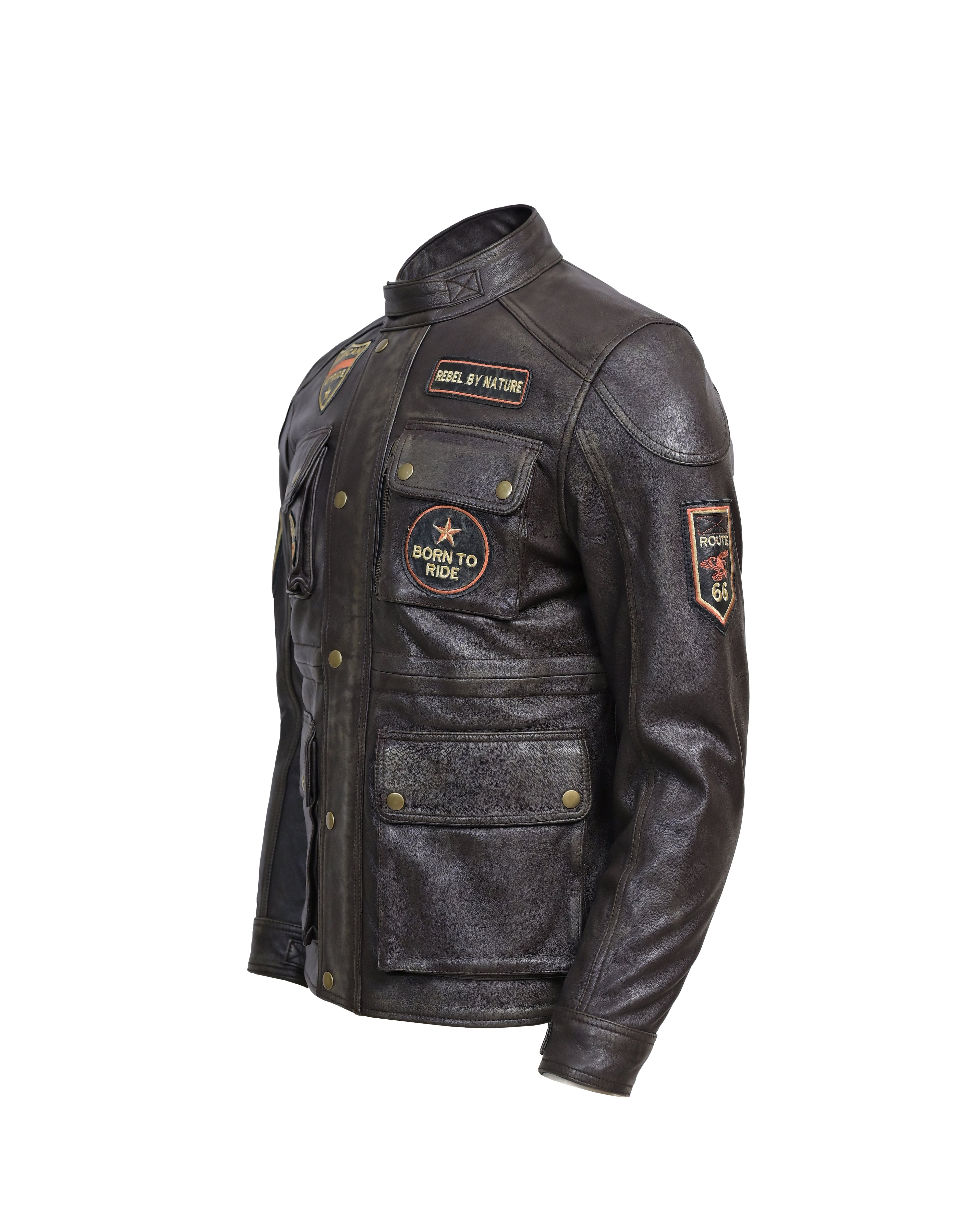 Men’s Vintage Brown Leather Motorcycle Jacket Rebel Biker Riding Jacket with Patches