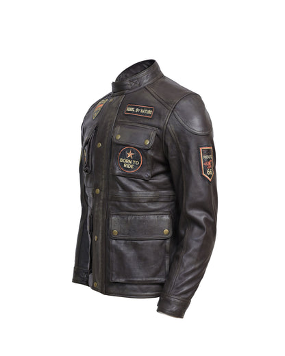 Men’s Vintage Brown Leather Motorcycle Jacket Rebel Biker Riding Jacket with Patches
