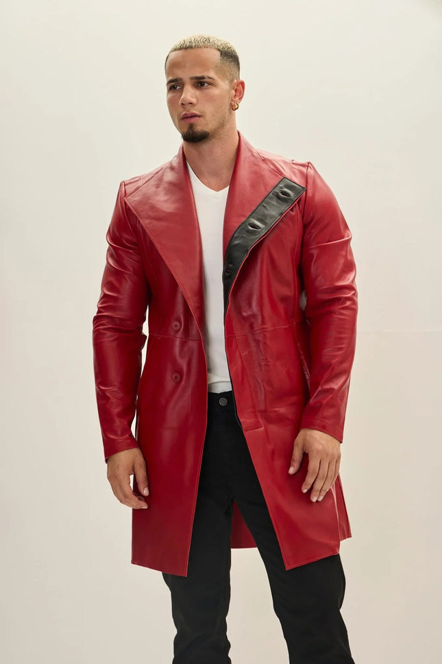 Red Leather Trench Coat Men&