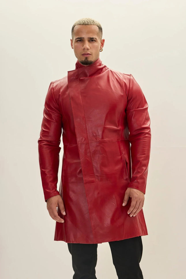 Red Leather Trench Coat Men&