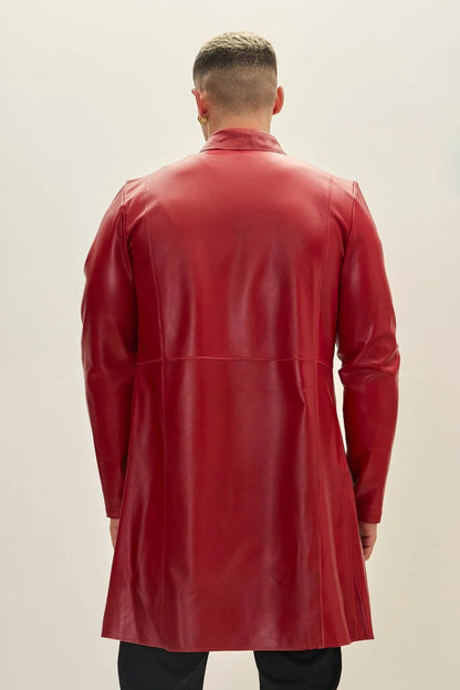 Red Leather Trench Coat Men&