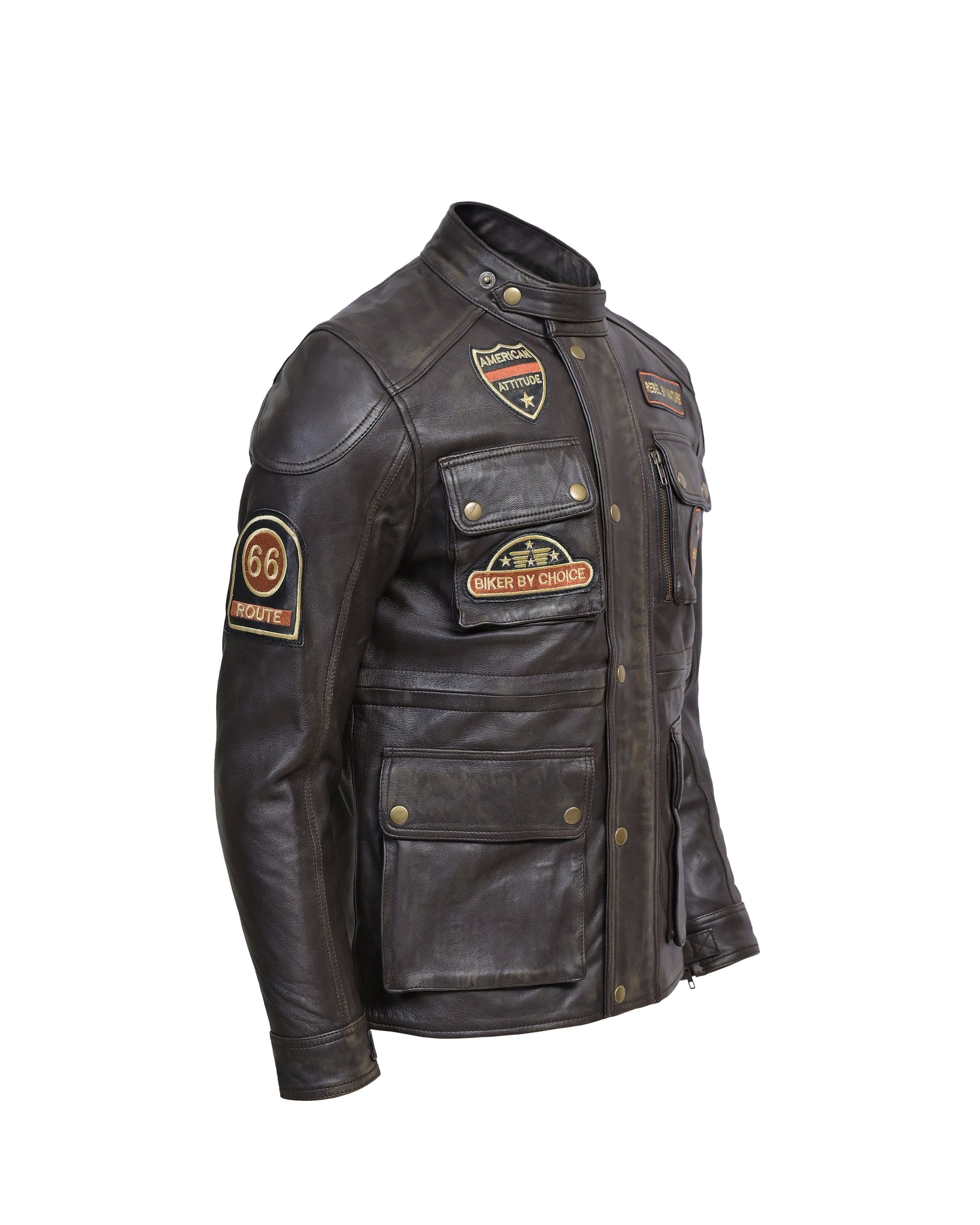 Men’s Vintage Brown Leather Motorcycle Jacket Rebel Biker Riding Jacket with Patches