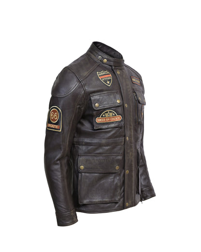 Men’s Vintage Brown Leather Motorcycle Jacket Rebel Biker Riding Jacket with Patches