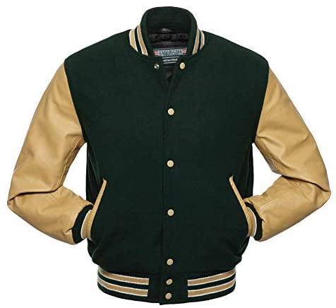 Men’s Green Varsity Jacket – Wool Blend Letterman Jacket with Leather Sleeves