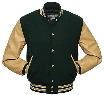 Men’s Green Varsity Jacket – Wool Blend Letterman Jacket with Leather Sleeves