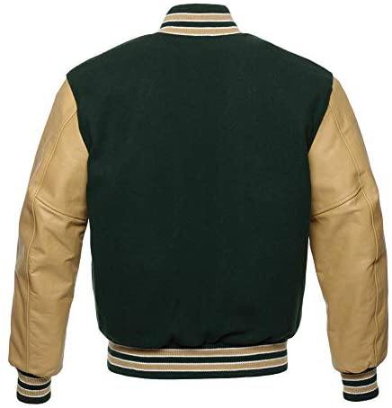 Men’s Green Varsity Jacket – Wool Blend Letterman Jacket with Leather Sleeves