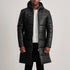 Black Leather Puffer Coat with Hood for mens