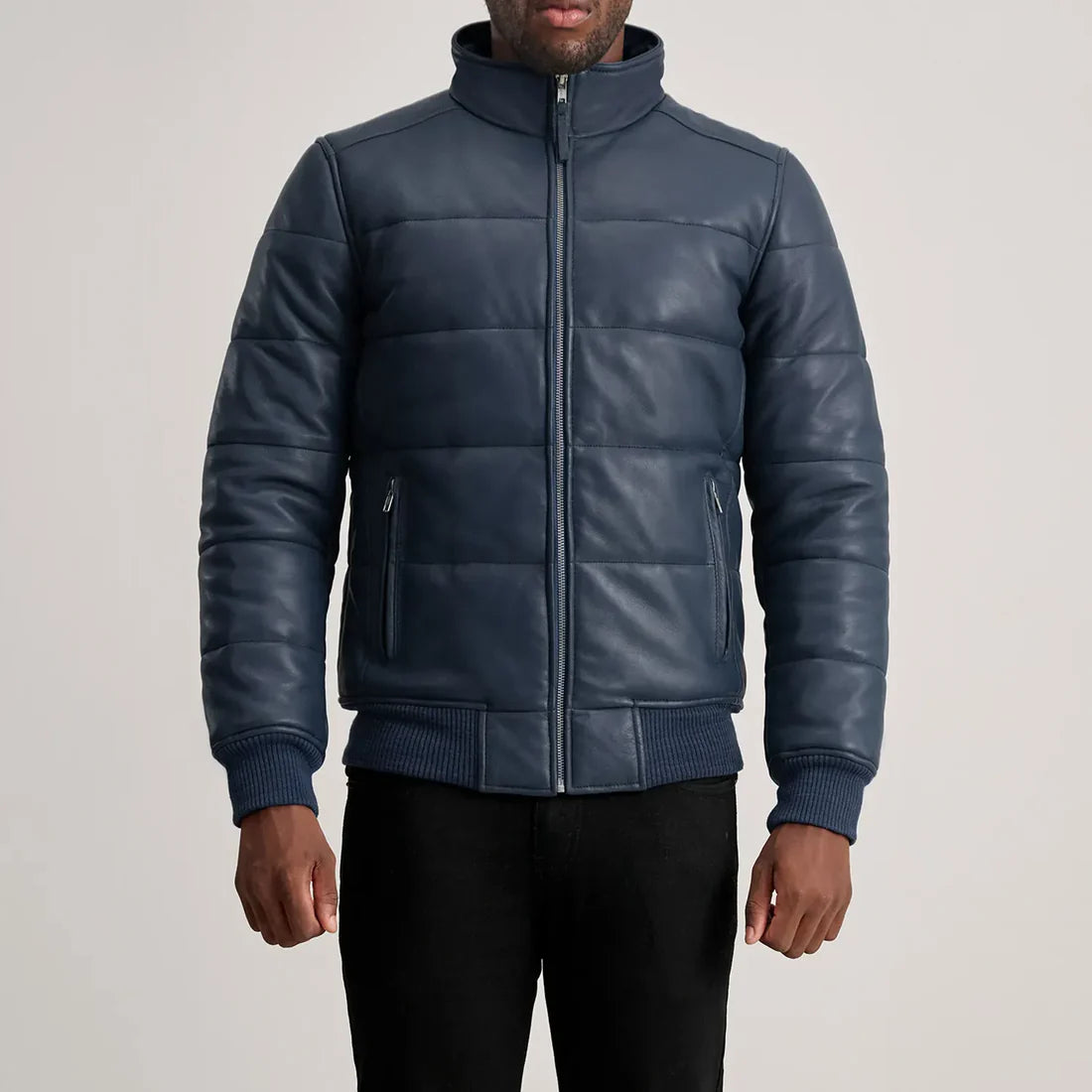 Blue Leather Puffer Jacket for mens