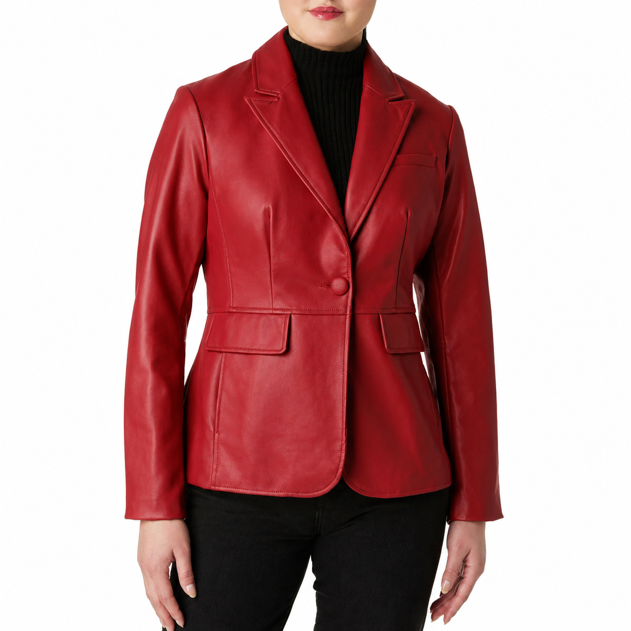 A woman wearing a bright red faux-leather blazer over a black turtleneck sweater and black pants, shown from the lips down against a plain white background.