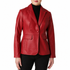 A woman wearing a bright red faux-leather blazer over a black turtleneck sweater and black pants, shown from the lips down against a plain white background.
