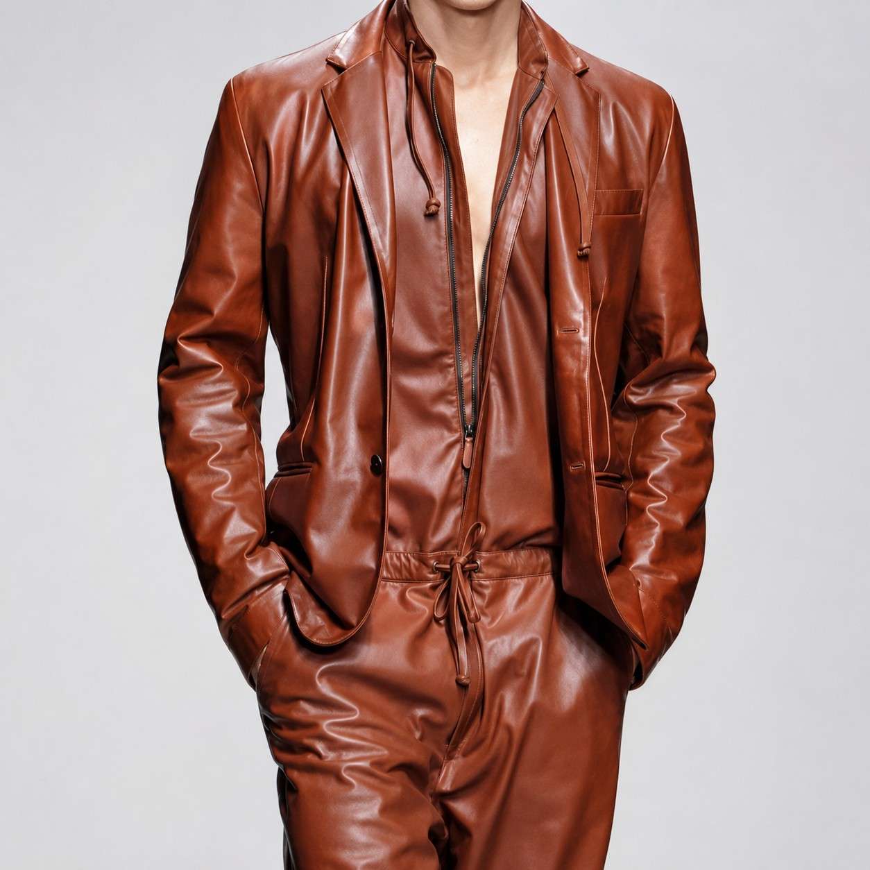 Mens Glamorous Real Sheepskin Brown Leather Jumpsuit With Blazer
