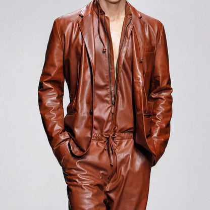 Mens Glamorous Real Sheepskin Brown Leather Jumpsuit With Blazer