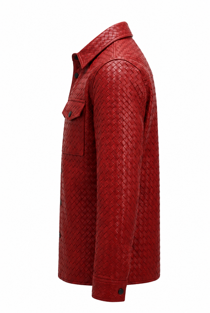 Woven Leather Shirt Jacket - Red Lambskin