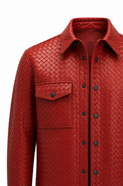 Woven Leather Shirt Jacket - Red Lambskin