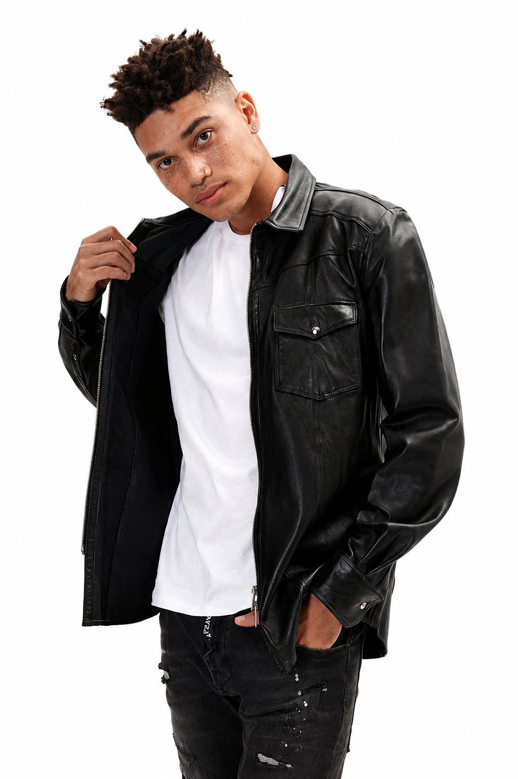 Black Full Zip Leather Shirt - Modern Men’s Leather Shirt