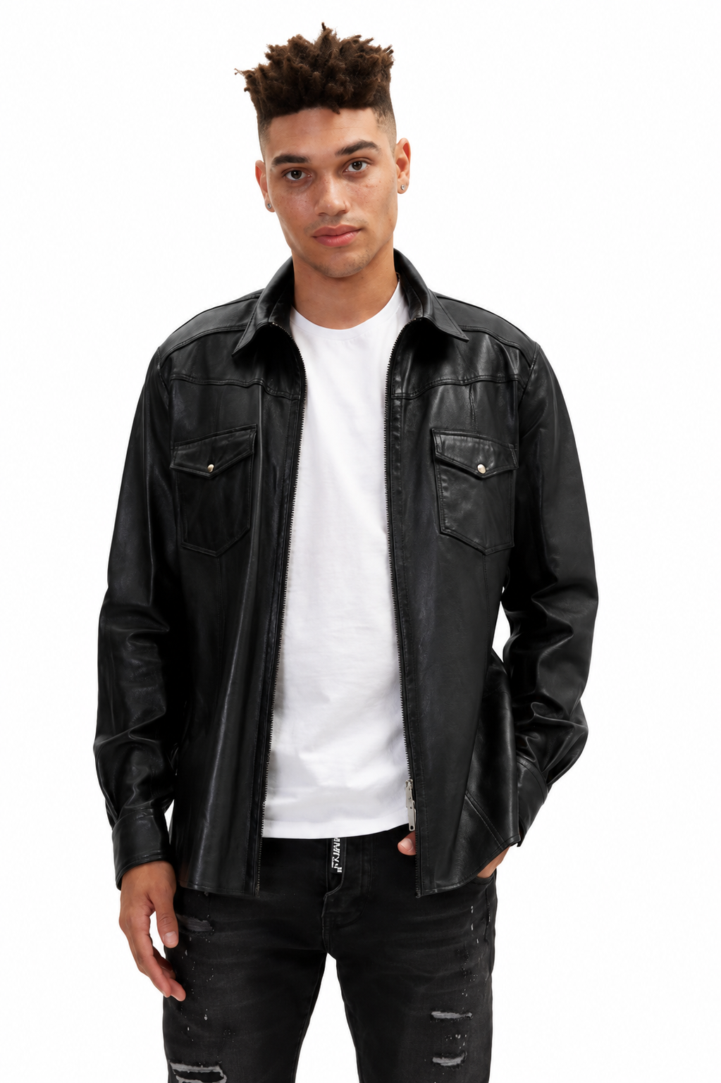 Black Full Zip Leather Shirt - Modern Men’s Leather Shirt