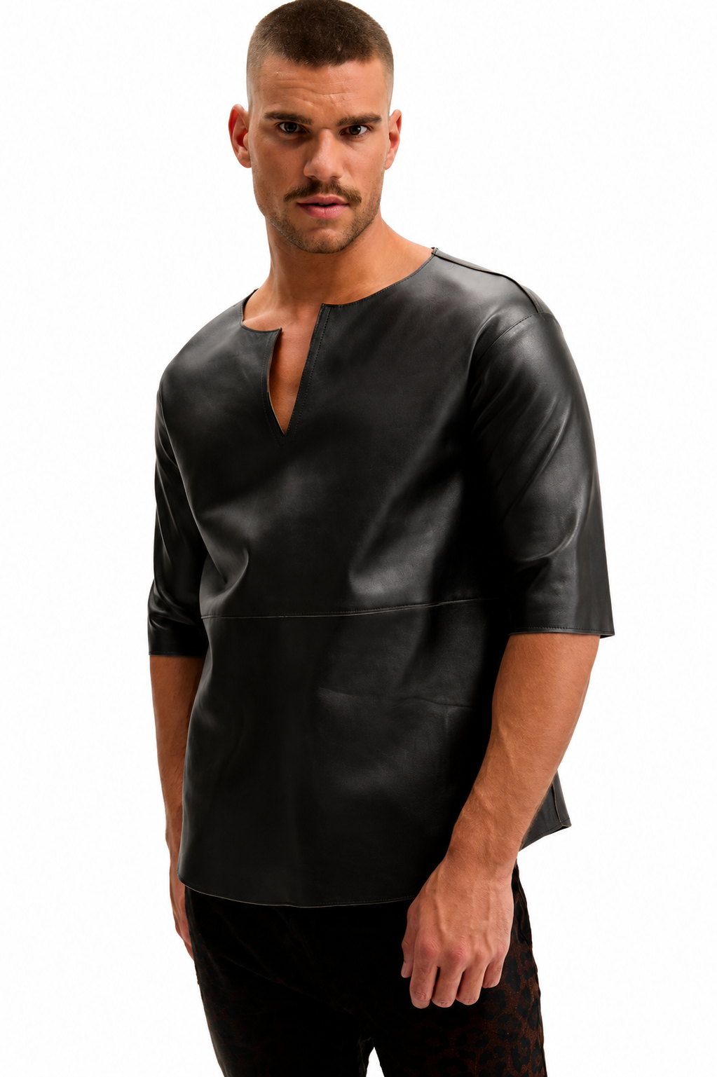 Lambskin Leather V-Neck Shirt - Dark Brown
