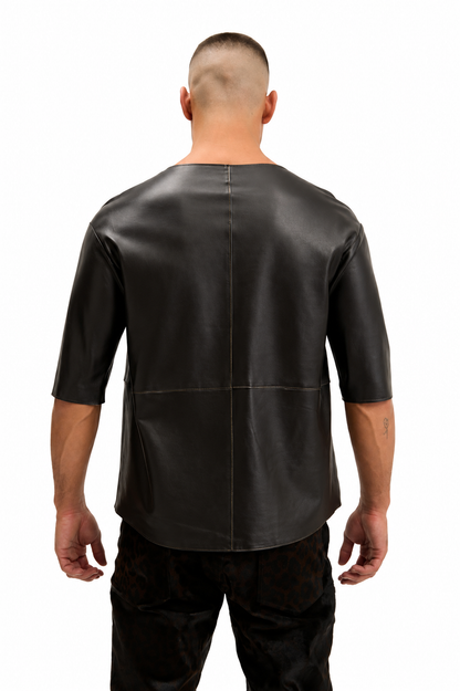 Lambskin Leather V-Neck Shirt - Dark Brown