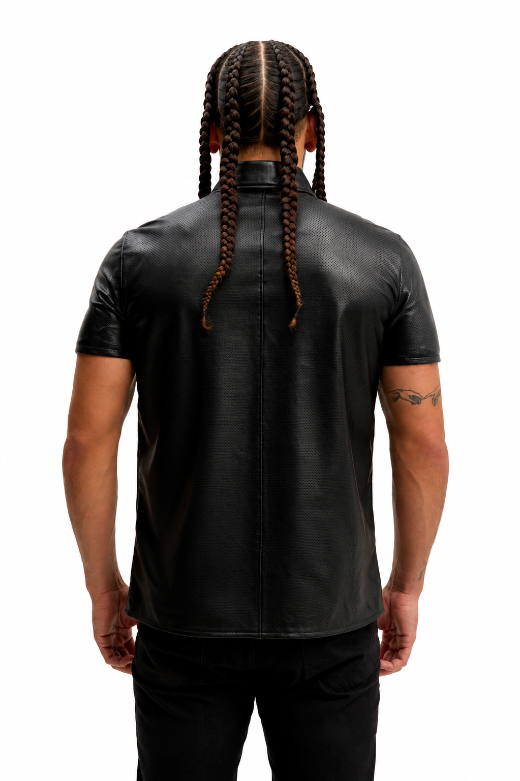 Short Sleeve Perforated Leather Shirt - Black Nappa Lambskin