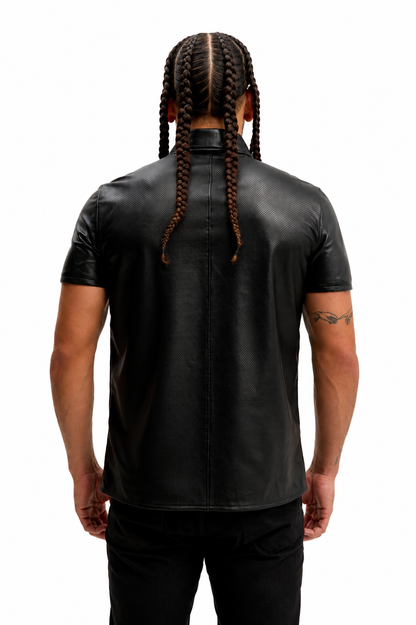Short Sleeve Perforated Leather Shirt - Black Nappa Lambskin