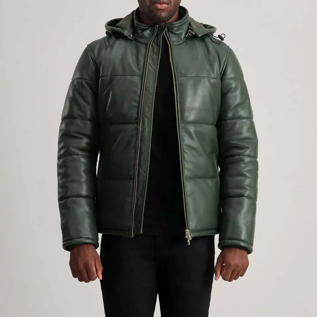Green Leather Puffer Jacket with Removable Hood