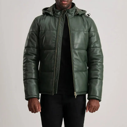 Green Leather Puffer Jacket with Removable Hood