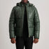 Green Leather Puffer Jacket with Removable Hood